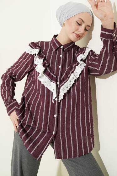 V Güpürlü Çizgili Tunik Bordo - Tunik