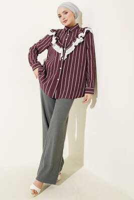 V Güpürlü Çizgili Tunik Bordo - Tunik