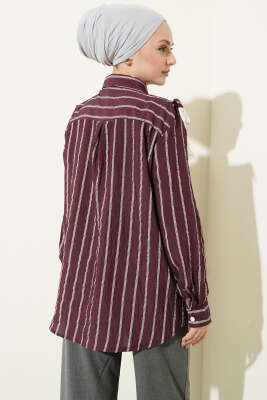 V Güpürlü Çizgili Tunik Bordo - Tunik