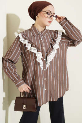 V Güpürlü Çizgili Tunik Kahve - HATUN