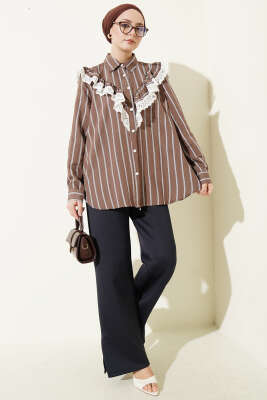 V Güpürlü Çizgili Tunik Kahve - Tunik