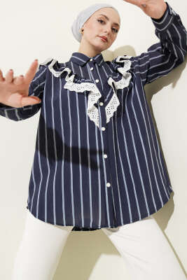 V Güpürlü Çizgili Tunik Lacivert - HATUN