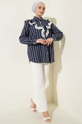 V Güpürlü Çizgili Tunik Lacivert - Tunik
