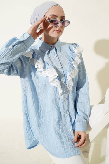 V Güpürlü Çizgili Tunik Mavi - Tunik