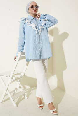 V Güpürlü Çizgili Tunik Mavi - Tunik