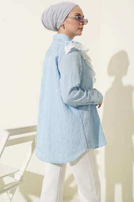 V Güpürlü Çizgili Tunik Mavi - Tunik