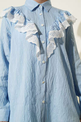 V Güpürlü Çizgili Tunik Mavi - Tunik