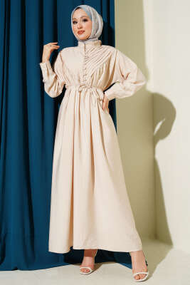 V Nervürlü Brit Düğmeli Modal Elbise Bej - NEVA MODA