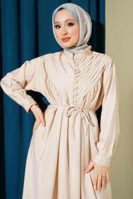 V Nervürlü Brit Düğmeli Modal Elbise Bej - Elbise