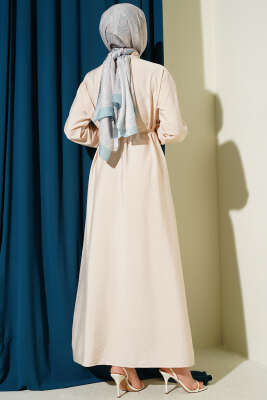 V Nervürlü Brit Düğmeli Modal Elbise Bej - Elbise