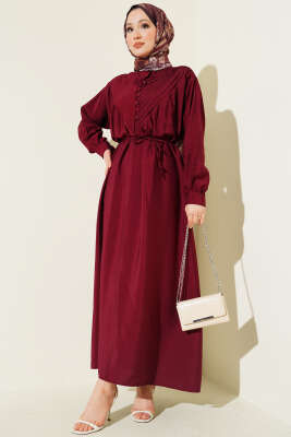 V Nervürlü Brit Düğmeli Modal Elbise Bordo - NEVA MODA
