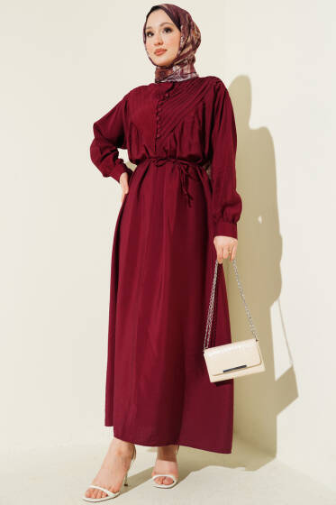 V Nervürlü Brit Düğmeli Modal Elbise Bordo - Elbise