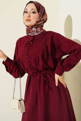 V Nervürlü Brit Düğmeli Modal Elbise Bordo - Elbise