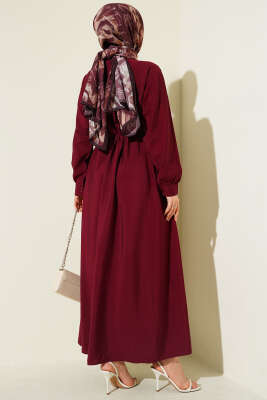 V Nervürlü Brit Düğmeli Modal Elbise Bordo - Elbise
