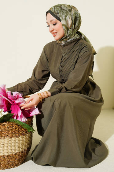 V Nervürlü Brit Düğmeli Modal Elbise Haki - Elbise