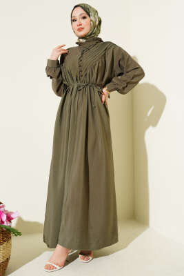 V Nervürlü Brit Düğmeli Modal Elbise Haki - Elbise