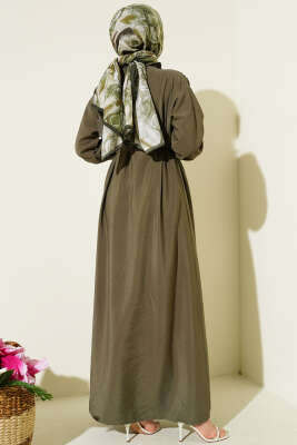 V Nervürlü Brit Düğmeli Modal Elbise Haki - Elbise