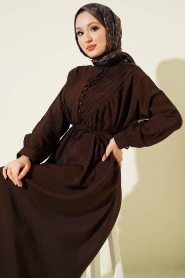 V Nervürlü Brit Düğmeli Modal Elbise Kahve - Elbise