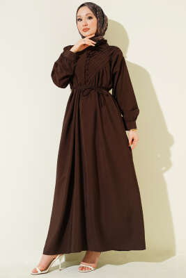 V Nervürlü Brit Düğmeli Modal Elbise Kahve - Elbise