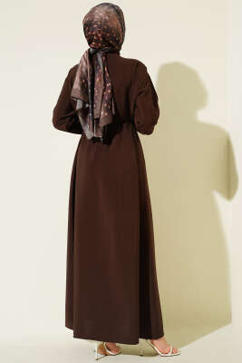 V Nervürlü Brit Düğmeli Modal Elbise Kahve - Elbise