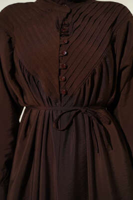 V Nervürlü Brit Düğmeli Modal Elbise Kahve - Elbise