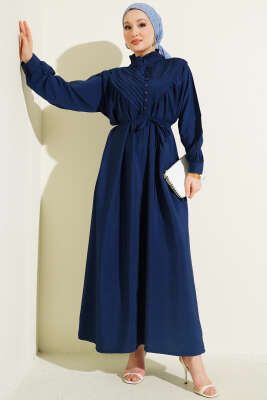V Nervürlü Brit Düğmeli Modal Elbise Lacivert - NEVA MODA