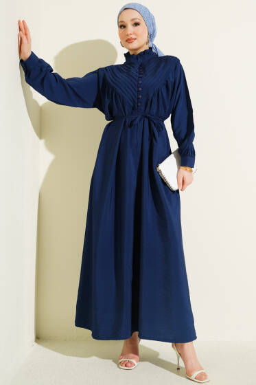 V Nervürlü Brit Düğmeli Modal Elbise Lacivert - Elbise