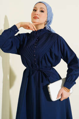 V Nervürlü Brit Düğmeli Modal Elbise Lacivert - Elbise
