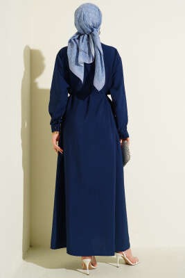 V Nervürlü Brit Düğmeli Modal Elbise Lacivert - Elbise