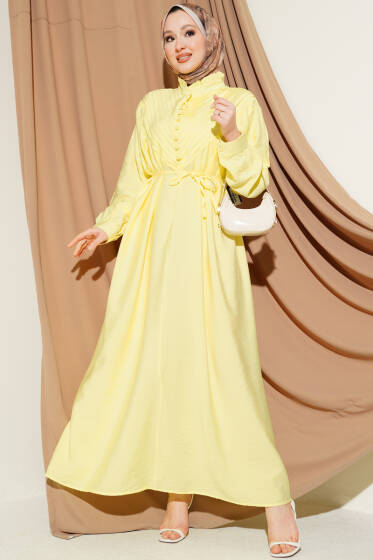 V Nervürlü Brit Düğmeli Modal Elbise Sarı - Elbise