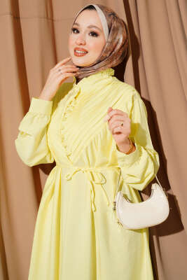 V Nervürlü Brit Düğmeli Modal Elbise Sarı - Elbise