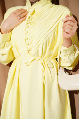 V Nervürlü Brit Düğmeli Modal Elbise Sarı - Elbise