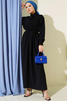 V Nervürlü Brit Düğmeli Modal Elbise Siyah - NEVA MODA