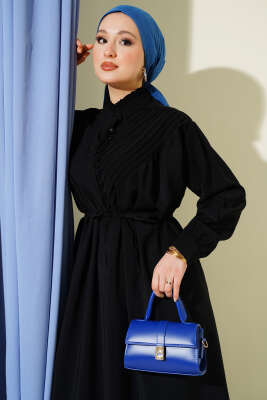 V Nervürlü Brit Düğmeli Modal Elbise Siyah - Elbise