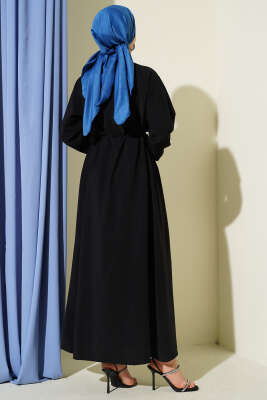 V Nervürlü Brit Düğmeli Modal Elbise Siyah - Elbise