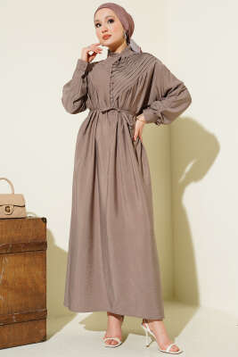 V Nervürlü Brit Düğmeli Modal Elbise Vizon - NEVA MODA