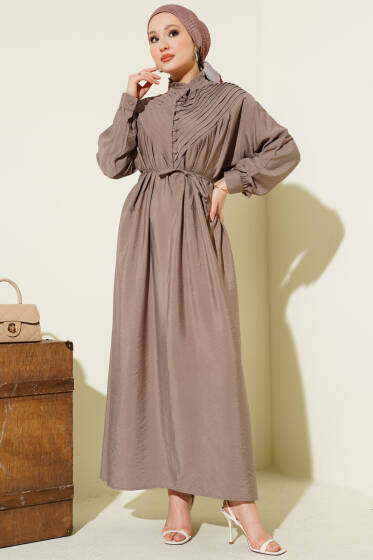 V Nervürlü Brit Düğmeli Modal Elbise Vizon - Elbise