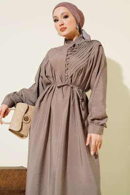 V Nervürlü Brit Düğmeli Modal Elbise Vizon - Elbise