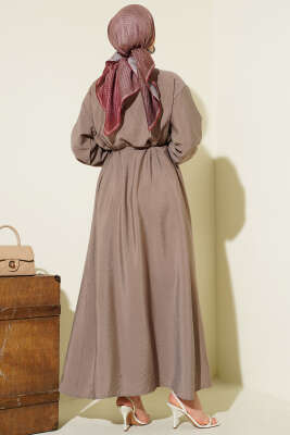 V Nervürlü Brit Düğmeli Modal Elbise Vizon - Elbise