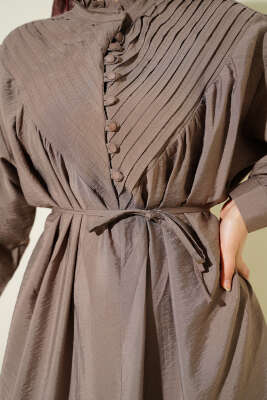 V Nervürlü Brit Düğmeli Modal Elbise Vizon - Elbise