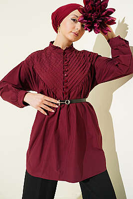 V Nervürlü Yarım Brit Düğmeli Tunik Bordo - NEVA MODA