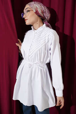 V Nervürlü Yarım Düğmeli Tunik Beyaz 