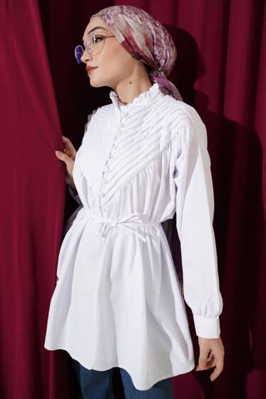 V Nervürlü Yarım Düğmeli Tunik Beyaz - Tunik