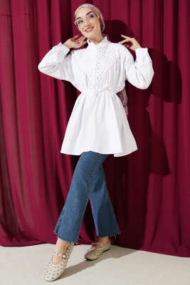 V Nervürlü Yarım Düğmeli Tunik Beyaz - Tunik