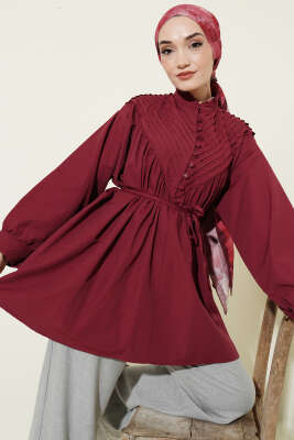 V Nervürlü Yarım Düğmeli Tunik Bordo 