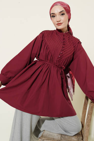 V Nervürlü Yarım Düğmeli Tunik Bordo - Tunik