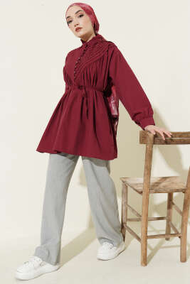 V Nervürlü Yarım Düğmeli Tunik Bordo - Tunik