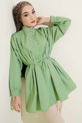 V Nervürlü Yarım Düğmeli Tunik Çağla Yeşili 