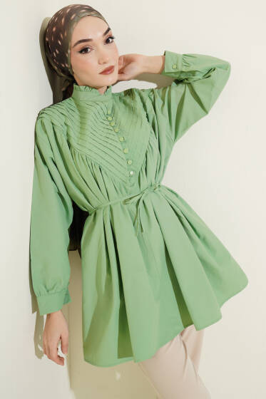 V Nervürlü Yarım Düğmeli Tunik Çağla Yeşili - Tunik