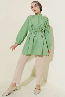 V Nervürlü Yarım Düğmeli Tunik Çağla Yeşili - Tunik